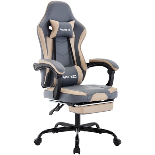 WOTSTA Gaming Chair Computerstuhl Ergonomischer Gaming Stuhl mit Fußstütze Bürostuhl Ergonomischer Computerstuhl mit Lendenwirbelstütze BlauBeige
