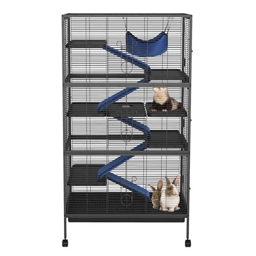 Großer Frettchenkäfig, Metall Kleintierkäfig Mit Rollen, 5 Abnehmbaren Rampen, Hängematte, Chinchillakäfig Mehrstöckiges Design für Chinchillas, Kaninchen,81 x 52 x 149cm