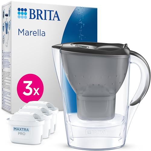 BRITA Wasserfilter Kanne Marella blau (2,4l) inkl. 3x MAXTRA PRO Pure Performance Kartusche – Kühlschrankgeeignete Filterkanne mit BRITA Memo, Klapp-Deckel, filtert Verunreinigungen