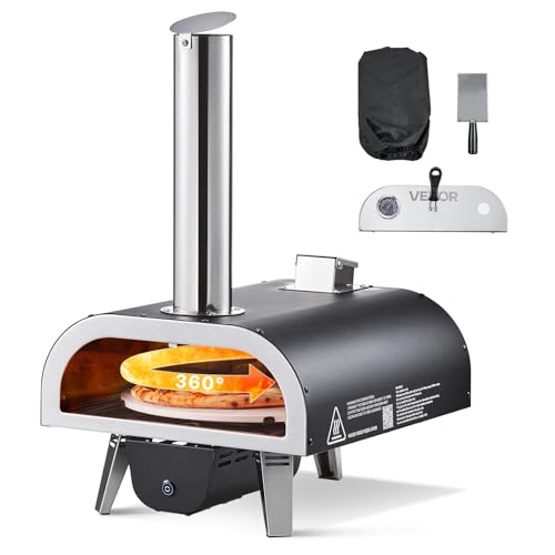 VEVOR Pizzaofen Outdoor 304,8 mm / 12 Zoll Holzofen, Pellet-Pizzaofen mit Thermometer & elektrischer Rotation, tragbarer Pizzamaker für Camping im Garten Terrasse Pizzastein Tragetasche Schaufel