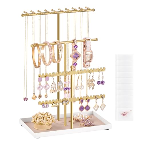 SONGMICS Schmuckständer, Schmuckhalter, Metallrahmen, Schmucktablett Samt, Schmuckaufbewahrung für Halsketten Armbänder Ohrringe Ohrstecker Ringe, Geschenkidee, blassgold JJS036AB01