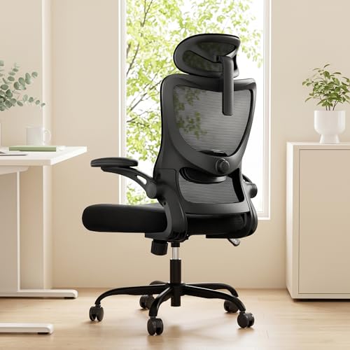 Marsail Bürostuhl Ergonomisch Schreibtischstuhl hat Verstellbarer Lordosenstütze Kopfstütze und Armlehne Höhenverstellung und Wippfunktion, Schwarz