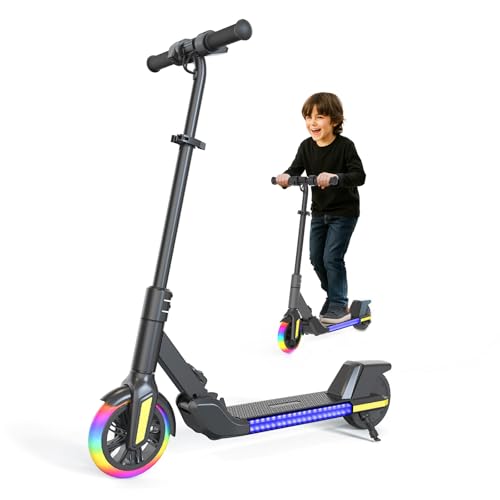 E Scooter Kinder von 8-12 Jahren, 200W Motor, 16 km/h, Einstellbare Geschwindigkeit & Höhe, Bunte Lichter, LED Display, Faltbarer Kinder E Scooter erhältlich (Schwarz)