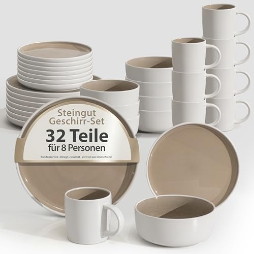 Hausfelder Geschirrset 8 Personen 32teilig Steingut – Tafelservice Set mit Teller, Schalen & Becher – spülmaschinenfest Geschirr modern (Shadow Stone, 32-teiliges Set)