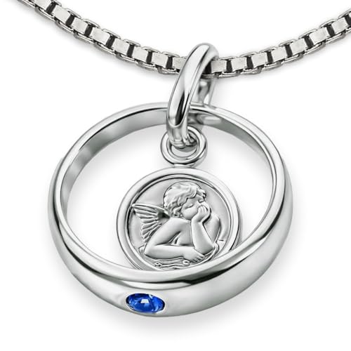 CLEVER SCHMUCK Silberner Taufring Engel rund Silber 925 Saphir blau mit Kette Venezia 36 cm, Silber Zirkonia