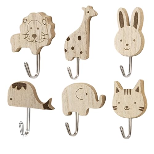 Nujvnuj 6 Stück Niedliche Tier Kleiderhaken Selbstklebende Holz-Wandhaken Perfekte Kinder-Garderobe für Schlafzimmer Badezimmer Kinderzimmer (Süße Cartoon-Tier-Deko Kein Bohren nötig) (Stil 1)