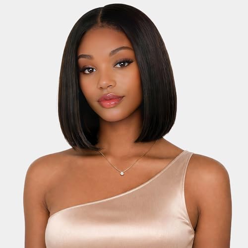 Tunfine Straight Glueless Drawstring Bob Wig Human Hair, 6x9 Pre-Cut Lace Pre Plucked Hairline for Beginners, 200 Density Echthaar Perücken Damen Short Natural Black Glueless Bob Wigs 12 Zoll