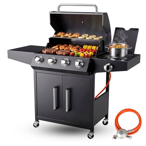 TLSUNNY Gasgrill 4+1 Brenner 15 kW, BBQ Grillwagen Gas mit Seitenkochfeld