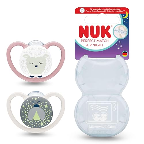 NUK Perfect Match Air Night Baby-Schnuller | 6-18 Monate | Leuchtende Schnuller, die Luftzirkulation fördern & Speichelrash verhindern | 95% Baby-Akzeptanz** | Schaf | 2 Stück