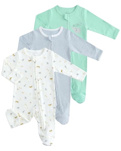 JiAmy Baby Schlafanzug Strampler 3er Pack Baumwolle, Unisex Baby Overall mit Reißverschluss, Fußteil und umklappbaren Fäustlingen Grün 0-3 Monate