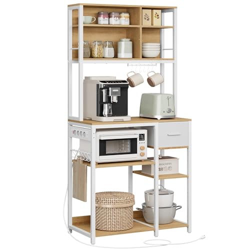 VASAGLE Küchenregal mit Steckdosen, Standregal, 40 x 80 x 180,4 cm, Backregal, verstellbare Ablagen, Stoffschublade, 12 Haken, Küche, goldeichenfarben-wolkenweiß KKS015Y02