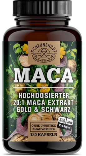 Maca Kapseln -30000mg je Dosis- WICHTIG: 20:1 Maca Schwarz + Gold Extrakt (30000mg reines Maca je Tagesdosis) -Laborgeprüft- DE SCHEUNENGUT®