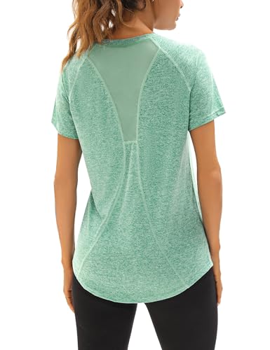 Wayleb Sportshirt Damen Kurzarm V-Ausschnitt Sommer Sport T-Shirts Sommer Leichtes Atmungsaktiv Back Mesh Laufshirt Fitness Gym Oberteile Frauen Longshirt Yoga Top, Grün L