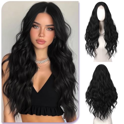 Sofeiyan Gewellte Wellig perücke,70 cm Lange Natürliches Schwarz Mittelscheitel Damen Perücken,Hitzebeständige Synthetische Haar Lockige,Natürliche Frauen Wigs für Alltag,Cosplay,Karneval