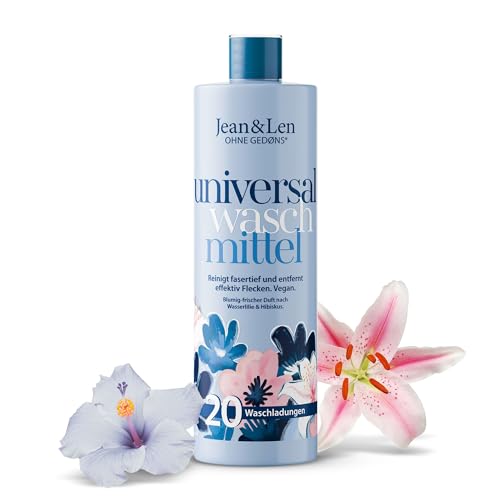 Jean & Len Universalwaschmittel Wasserlilie & Hibiskus, Fasertiefe Reinigung, mit Fleck-Weg-Effekt, mit pflanzenbasierten Tensiden, ohne Mikroplastik & künstliche Farbstoffe, Waschmittel vegan, 1 L