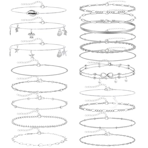 JSTHHTT 19 Pcs Fußketten für Damen, Trendige Anklets für Frauen, Wasserfeste Fußkette in Silber, Damen Fußkette in Silber, Fussketten für Frauen