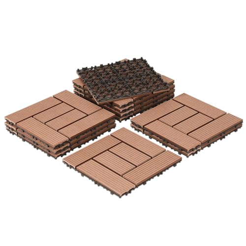 Vkechh WPC Terrassenfliesen, Klickfliesen Terrasse und Balkonfliesen in 30x30 cm Braun. Terrassendielen mit Drainage, 33 Stück (3 m²) als dekorativer Bodenbelag.