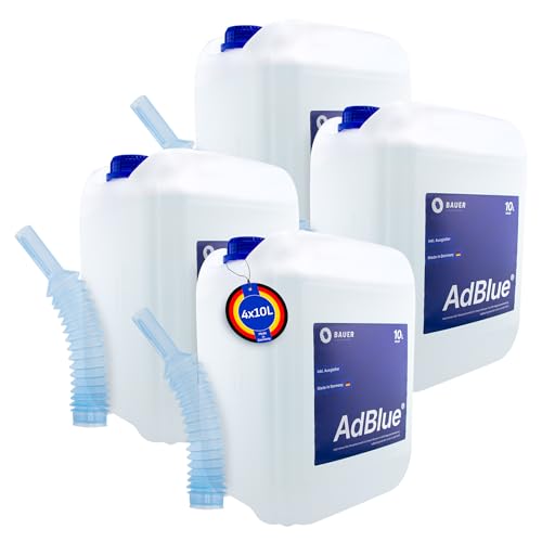 BAUER BLUE – Adblue – 4x10 Liter Kanister mit Flex-Ausgießer – für Diesel Motoren – Herstellung nach ISO 22241 – Premium Harnstofflösung – Made in Germany – Optimale SCR-Abgasnachbehandlung (40 Liter)