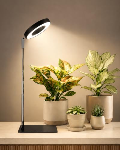 Bamworld Pflanzenlampe mit Standfuß, LED Pflanzenlicht Vollspektrum, Höhenverstellbar, 8W Ringlicht für Zimmerpflanzen, Schreibtisch & Innenräume