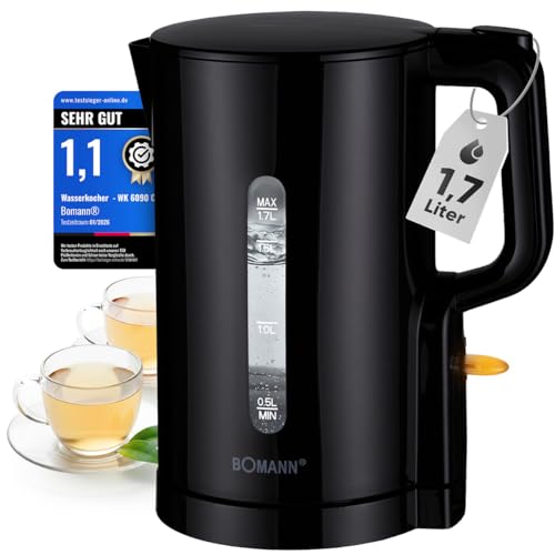 Bomann Wasserkocher 1,7L | 2200W für schnelles Erhitzen | BPA frei | Einhandbedienung | Wasserstandsanzeige | Kettle | Überhitzungsschutz | WK 6090 CB schwarz
