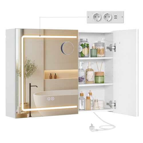 VASAGLE Kailyn Kollektion - Spiegelschrank mit Beleuchtung, 16,5 x 80 x 60 cm, Badezimmerschrank, Wandschrank, Steckdosenleiste, Entfogging-Funktion, 10x Vergrößerungsspiegel, modern, weiß BBK134W01