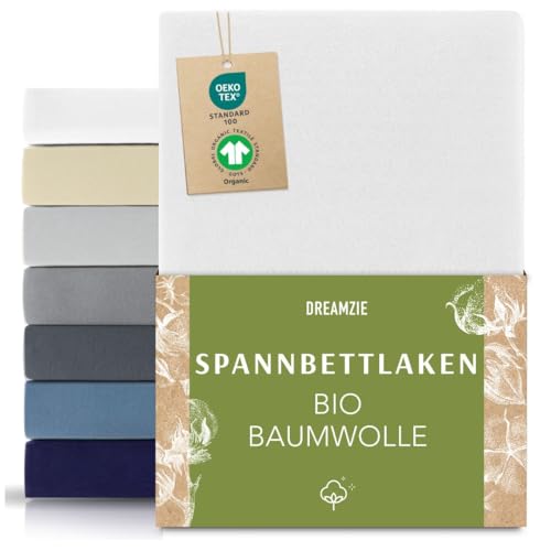 Dreamzie Premium Spannbettlaken 90x200cm bis 100x200cm Weiß, Spannbetttuch aus 100% Jersey Biobaumwolle, 150 g/m² - Oeko-TEX