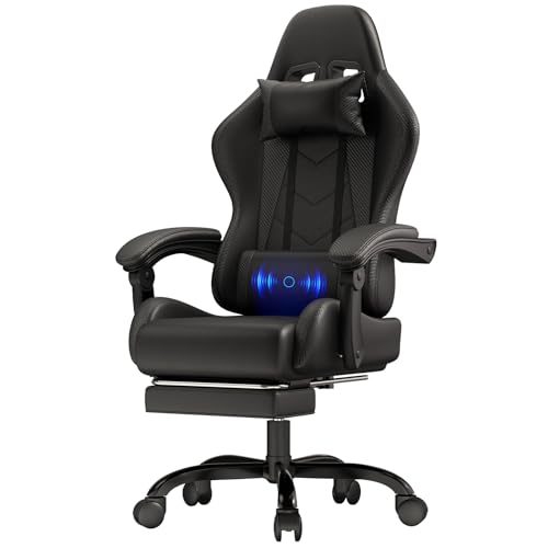 JUMMICO Gaming Stuhl, Bürostuhl Ergonomisch Mit Massagefunktion, Gamer Stuhl verstellbare Rückenlehne 90-135°,und fußstütze, Gamingstuhl 150 kg belastbarkeit, Schwarz