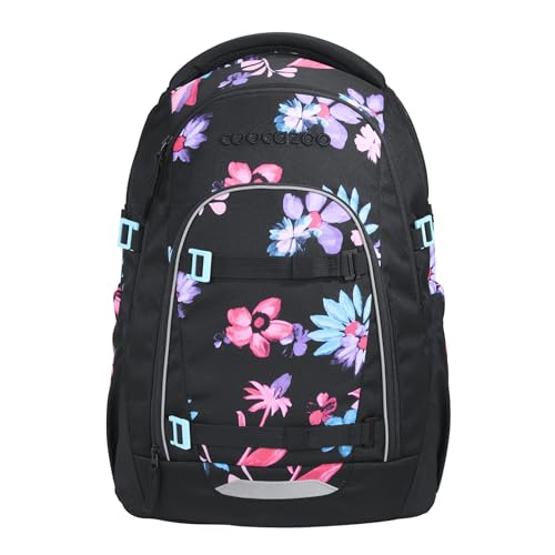 coocazoo Mate Schulrucksack „Floral Artnight”, schwarz-blau, ergonomischer & anpassbarer Tornister, höhen- & größenverstellbar, mit Brustgurt & Hüftgurt, ab der 3. Klasse