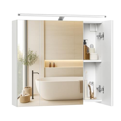 VASAGLE Spiegelschrank Bad mit Beleuchtung, mit 3 Türen, 15 x 60 x 55 cm