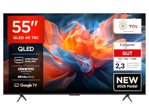 TCL 55T8C 55 Zoll QLED 4K HDR UHD Fernseher, Smart Google TV Dolby Vision & Atmos, 144Hz Motion Clarity Pro, FreeSync, Onkyo 2.1 Sound, Sprachsteuerung, Kompatibel mit Google Assistant