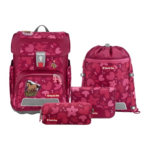 Step by Step Schulranzen-Set Cloud „Wild Horse Nora“ 5-teilig, rot, Pferd-Design, ergonomischer Tornister mit Reflektoren, höhenverstellbar mit Hüftgurt für Mädchen ab der 1. Klasse, 19L