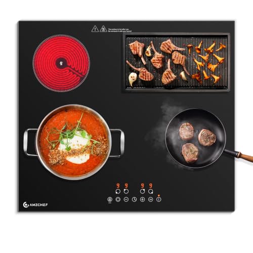 AMZCHEF Glaskeramikkochfeld 4 Platten 7200W, Herdplatte 4 Kochfelder 60 cm, 9 Leistungsstufen, Dual-/Ovalzonen für Grillen, Heizpause-Funktion, Kompatibel mit allem Kochgeschirr, Schwarz