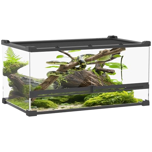 PawHut Terrarium für Reptilien Glasterrarium 34L Reptile Fütterungsbox mit Frontbelüftung ausbruchsicherer Drehverschluss Reptilienzuchtbox für Amphibien Spinne Schwarz 50 x 30 x 25 cm
