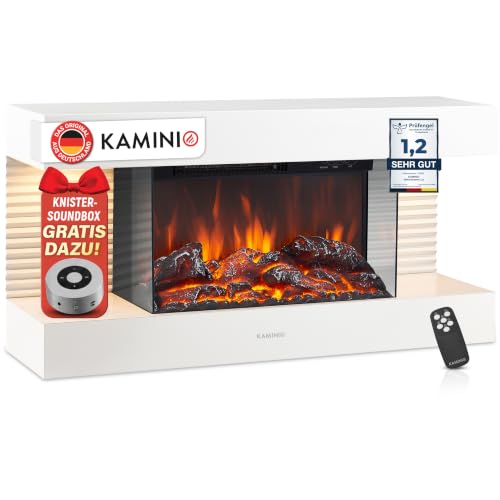 KAMINIO Elektrokamin Liz - Elektrischer Wandkamin mit Heizung, 3D-Flammeneffekt, LED-Ambientelicht, Fernbedienung (Weiß)