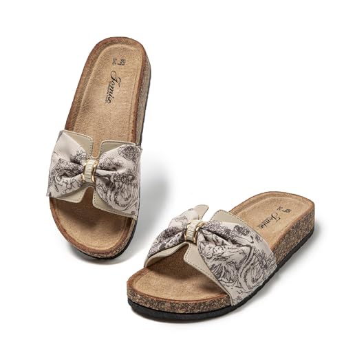JOMIX Pantoletten Damen Sommer Kork Clogs Fliege Strandsandalen Sommerschuhe Bequeme Strand Sandalen (Khaki, 40EU, WCF250717)
