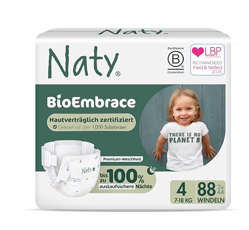 Naty BioEmbrace Baby Windeln | Zertifiziert hautfreundlich für empfindliche Haut | Bis zu 100% Auslaufschutz | Pflanzenbasiert & weicher Premium-Komfort | Chlorfrei | Größe 4 (7–18 kg), 88 Stück