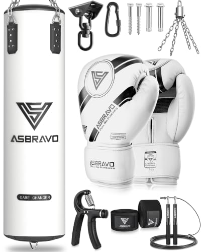 ASBRAVO Boxsack Set für Erwachsene, 120cm PU mit Boxhandschuhe, Weiß