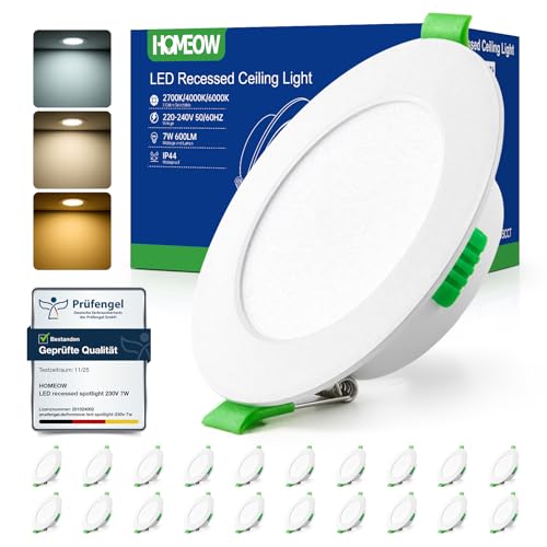 HOMEOW 20er Set LED Einbaustrahler 230V 7W, Warmweiß Neutralweiß Kaltweiß LED Spots 230V, 75mm – 90mm Lochmaß, Einbauleuchten Deckenspots Einbauspots Einbau Spotlight Ultra Flach IP44 für Badezimmer