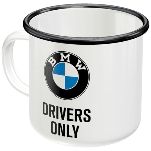Nostalgic-Art Retro Emaille-Tasse, 360 ml, BMW – Drivers Only – Geschenk-Idee für BMW Accessoires Fans, Original Lizenzprodukt (OLP), Camping-Becher, Vintage Design
