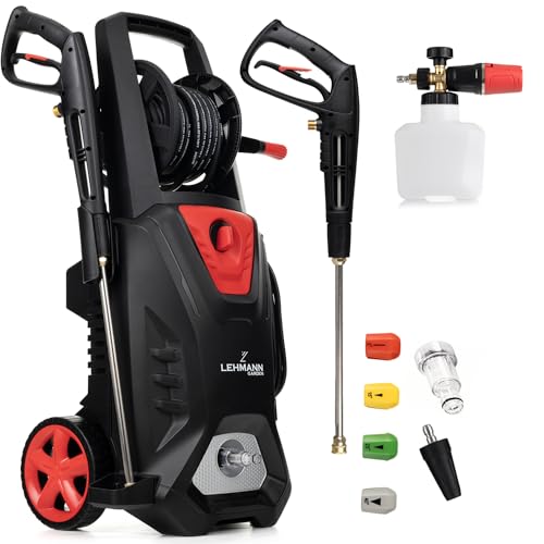 LEHMANN Hochdruckreiniger mit Induktionsmotor, 3000 W, max. 260 bar, 492 l/h Fördermenge, 12m Hochdruckschlauch, Zubehör - Schaumlanze, 4 Düsen, Turbodüse, Schwarz/Rot