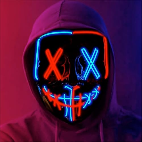 LED Purge Maske - Kostümmaske steuerbar für Halloween, Fasching & Karneval als Kostüm für Herren & Damen (Farbauswahl) (blau/rot)
