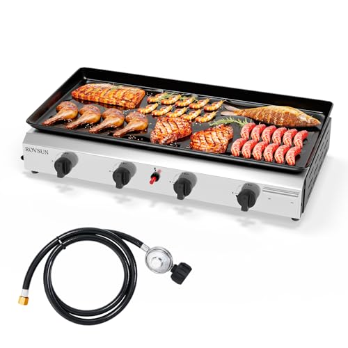 ROVSUN Gasgrill Camping Gas Grill Camping Tischgrill aus Edelstahl, mit 4 Brennern, 9,6 kW, Emaillierter Antihaft-Grillplatte & Ein-Klick-Zündung für Camping, Garten & Strand, 76x39x16 cm