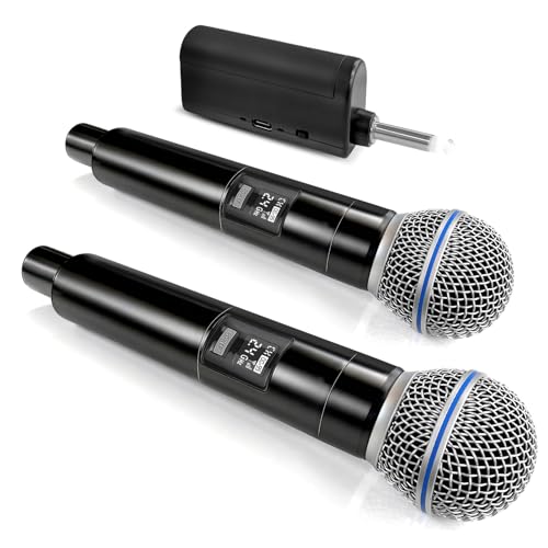 AMFUN Kabelloses Mikrofon, Drahtloses UHF Mikrofon Set mit wiederaufladbarem, Dual Handmikrofon für Karaoke, Gesang, Partys, Bühne, Hochzeiten, DJ, Reden