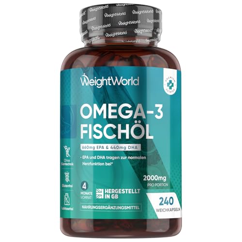 Omega 3 Weichkapseln - 2000mg Fischöl mit 1100mg Omega-3, 660mg EPA & 440mg DHA pro Portion - 240 Softgels - EPA & DHA tragen zur normalen Herzfunktion bei (EFSA) - Fish Oil - WeightWorld