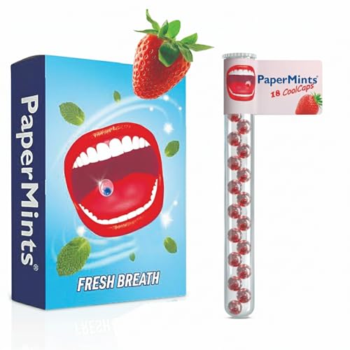 PaperMints CoolCaps – 6 Röhrchen mit 18 zuckerfreien Erdbeerperlen – Für frischen Atem und gegen Mundgeruch – Schnelle Linderung bei Mundtrockenheit – Doppelte Wirkung – Insgesamt 108 Kapseln