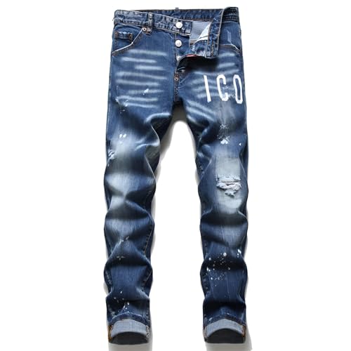 Kdtoll Herren Jeans, Y2K Slim Fit Stretch Hosen mit Rissen und Tintenfleck-Design, Zerrissene Destroyed Jeanshose im Hip Hop Cowboy Style, Regular Straight Fit, Modisch und Vielseitig für Streetwear