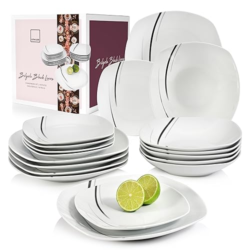 SÄNGER | Tafelservice Bilgola Black Lines aus Porzellan, 18-teiliges Geschirrset für 6 Personen, Teller Set, Eckig | PREMIUM COLLECTION