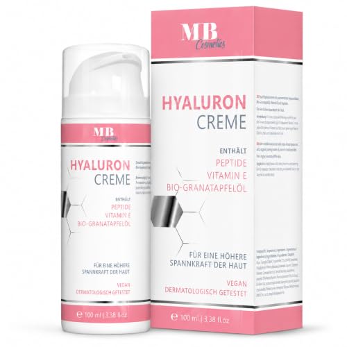 Hyaluron Creme hochdosiert 100ml - mit Peptiden, Vitamin E und Bio-Granatapfelkern-Öl - vegane Anti-Aging Gesichtscreme für Augen, Hals, Dekolleté mit DermaCROSS III Skincare - MB COSMETICS