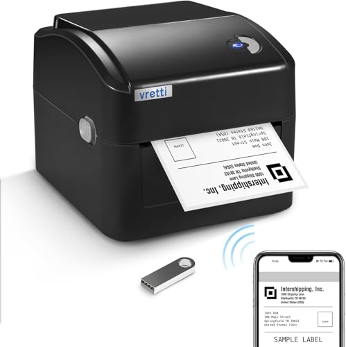 vretti Etikettendrucker WiFi & USB- DHL Labeldrucker 4x6 mit XXL-Papierlager | 99,99% Scansicherheit, 3-fache Druckerkopflanglebigkeit, Kompatibel mit Amazon, Shopify, DHL, UPS, Ohne Toner