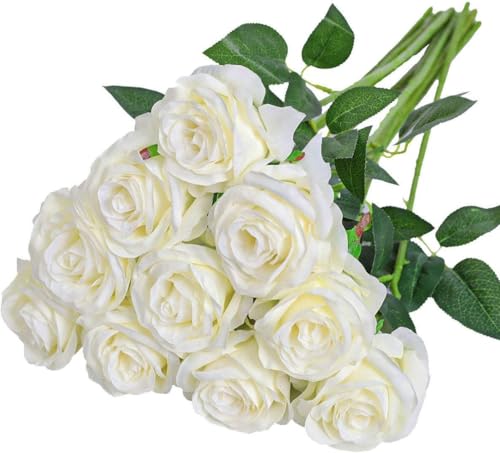Nubry künstliche Seidenrose Blume einzigen Stiel lebensechte gefälschte Rose für Hochzeit Bouquet Blumenarrangements Home Party Centerpiece Dekoration, 10pcs (Off White)